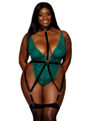 Body dentelle grande taille vert ouvert à l'entrejambe et harnais noir ajustable - DG13074PEA